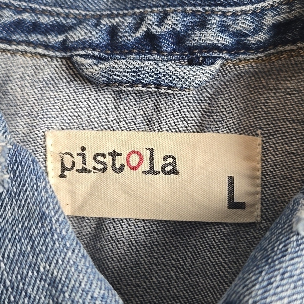 Pistola Distressed Cropped Blue Denim Jacket-Size Large - Picture 5 of 16